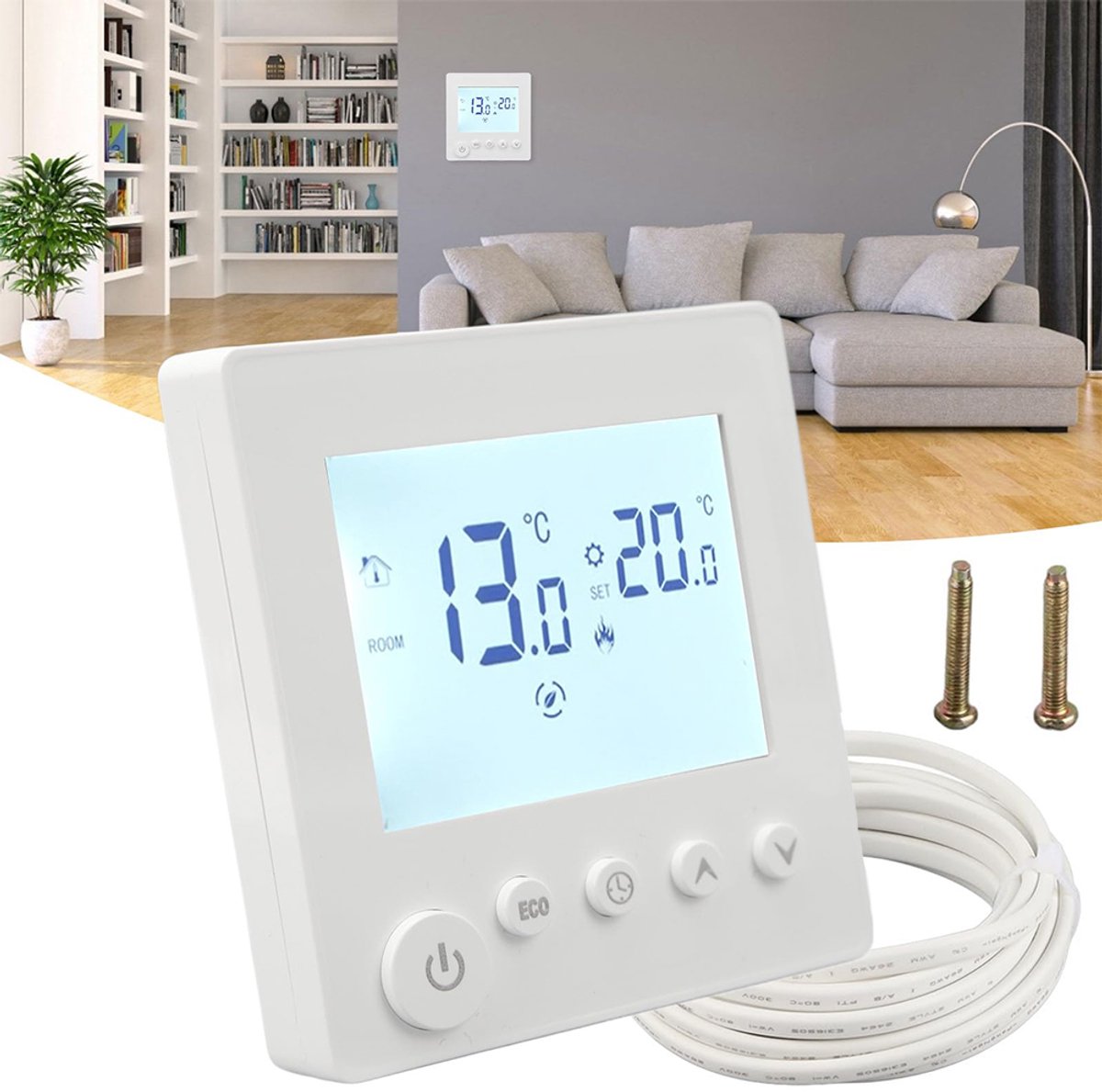 Digitale kamerthermostaat - Draadloze slimme thermostaat - Temperatuurregelaar voor vloerverwarming - Geschikt voor vloerverwarming en wandverwarming - Uitgerust met 16A-sensor - LED-display - Brandvertragend ABS-materiaal - Hoog vermogen - Wit