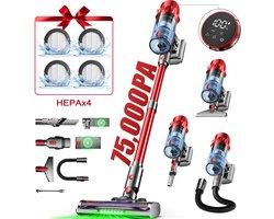 Hiaonyx steelstofzuiger - 9-in-1 steelstofzuiger draadloos - 75000pa - Met dierenborstel - LED Groene Stofdetectielamp - Dierenharen - Geschikt voor Tapijten - Harde Vloeren en Dierenharen - 2-liter stofopvangbox - Rood