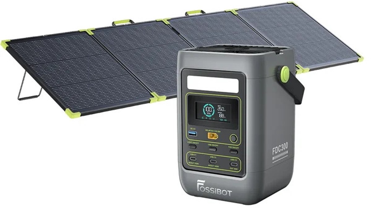 FOSSiBOT FDC300 + SP200PRO Zonne‑energieset, 288Wh 300W Draagbare Energiecentrale en 200W Vouwbaar Zonnepaneel voor Kamperen en Noodvoeding