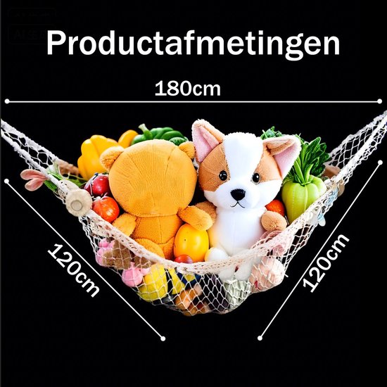 Knuffeldier Opbergnet - Hangmat En Speelgoed-Organizer Voor Kinderkamer, Slaapkamer - 120 x 120 x 180 cm - Wit - 1 Stuk — afbeelding 3