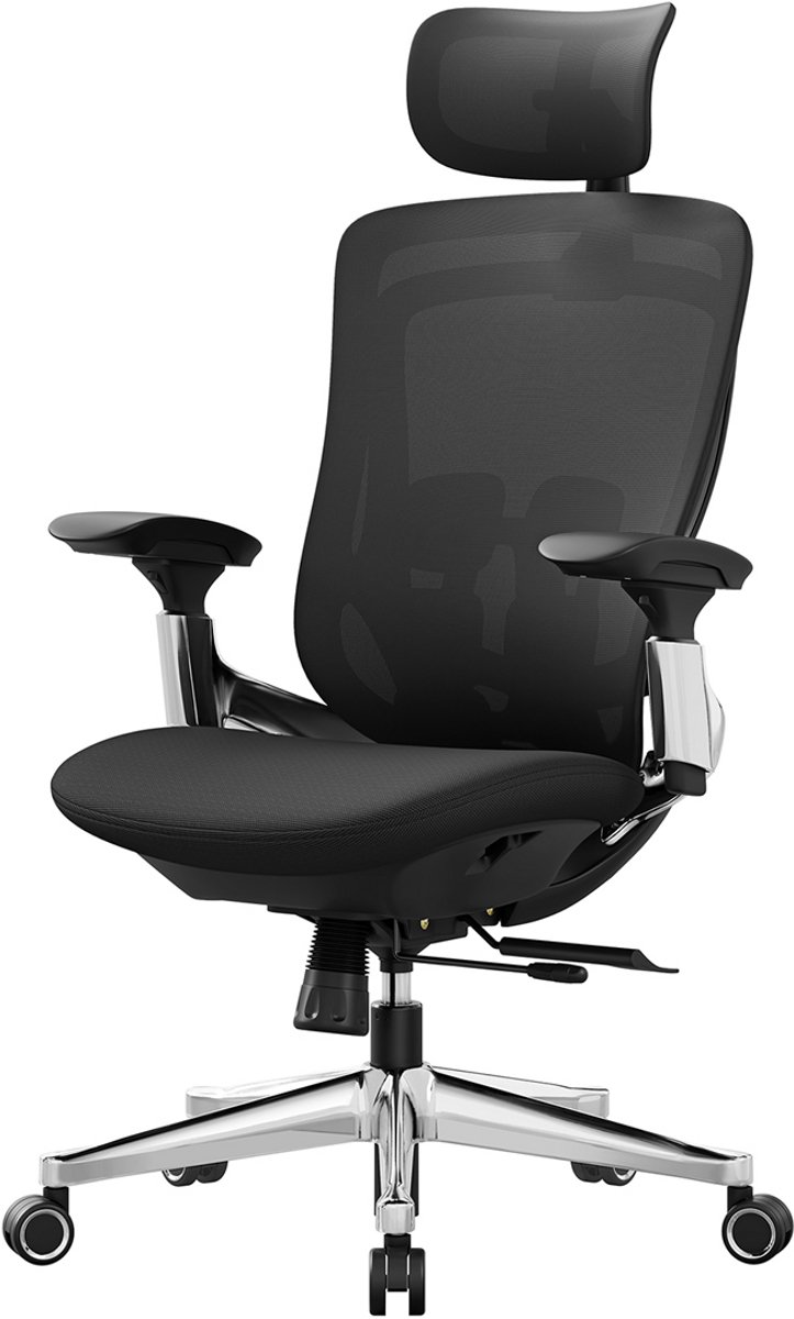 Bureaustoel 70 x 70 x 115-125 cm Zwart, Ergonomische Computerstoel met Verstelbaar Zitvlak, Verstelbare Rugleuning, Hoofdsteun en Armleuningen, Lendensteun, Metalen Frame, 150 kg Draagkracht, Werkstoel voor Kantoor en Studie