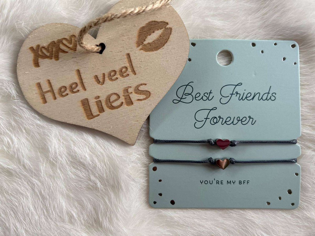 Creaties van hier – Hart Armband Dubbel – zilver – 8x9 – verstelbaar - Best friends forever - met houten hartje