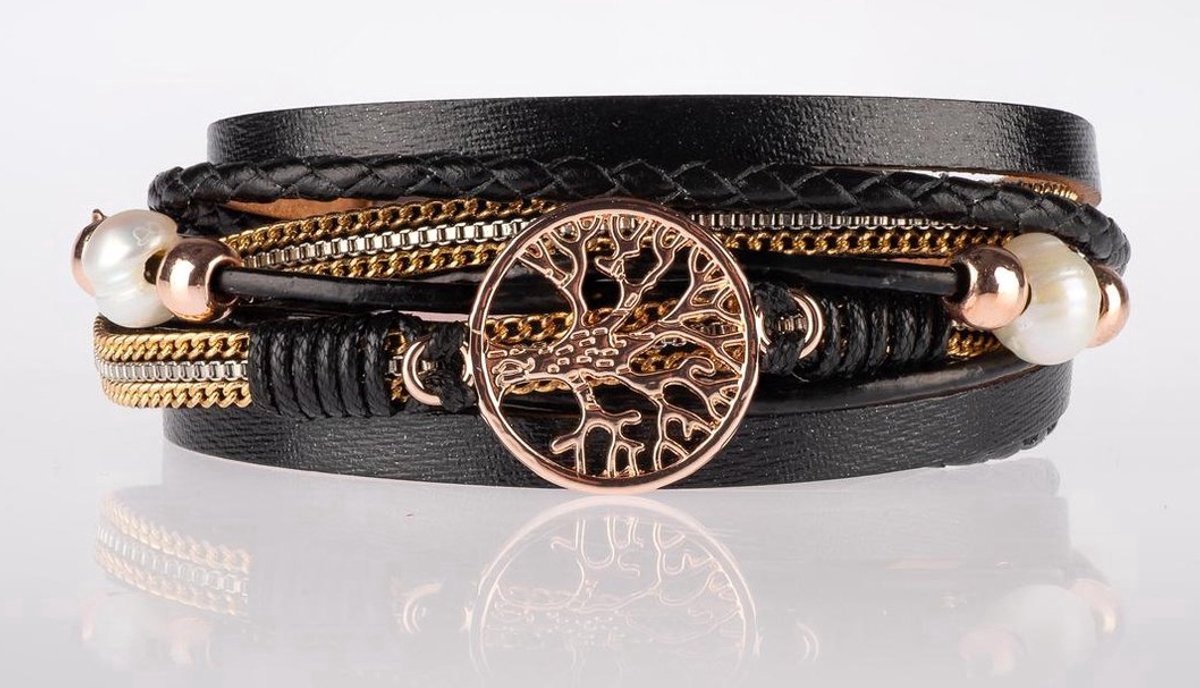 Armband dames Levensboom - Wikkelarmband leer - Galeara design Life - Zwart 20.5cm