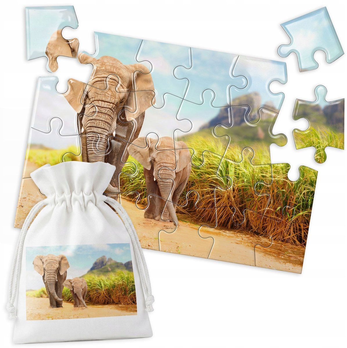 Traditionele Puzzel: Twee Olifanten in Natuurlandschap - 24 Stukjes
