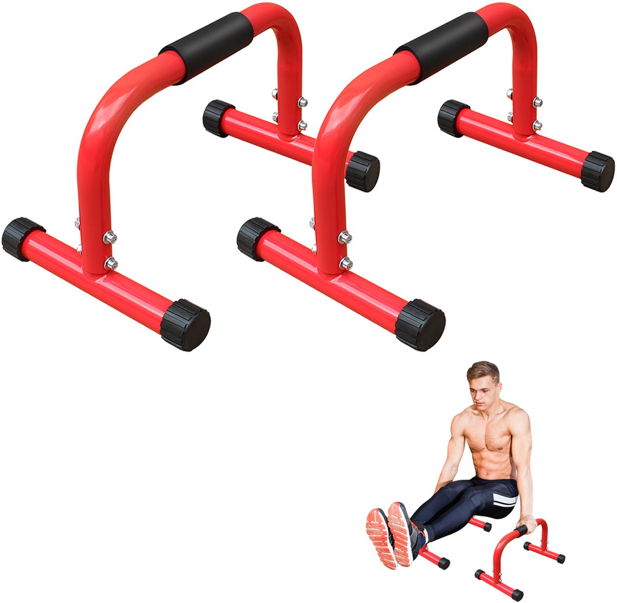 REDOM - Opdruksteun - Parallel bars en dip station - Heavy duty stalen constructie - Antislip rubberen voetjes - Home gym - IJzer - Rood/Zwart - 43,2 x 25,4 x 24,1 cm