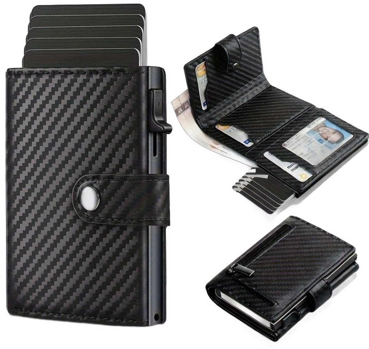 Currero Portomonee - Portemonnee Dames & Heren - RFID Anti Skim - Pasjeshouder - Klein Model - Met Rits - Kunstleer - Carbon Fiber + Zwart