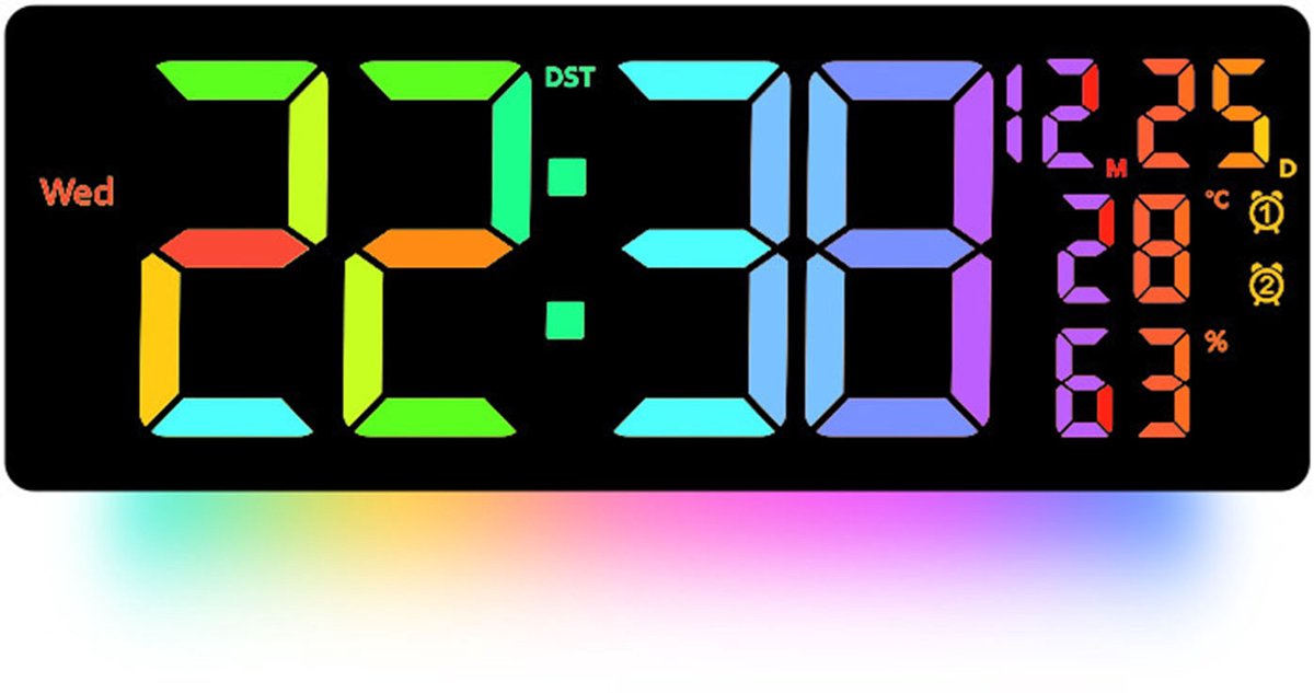 Digitale Wandklok – RGB – Met Afstandsbediening – Temperatuur en Luchtvochtigheid – Met Wekker
