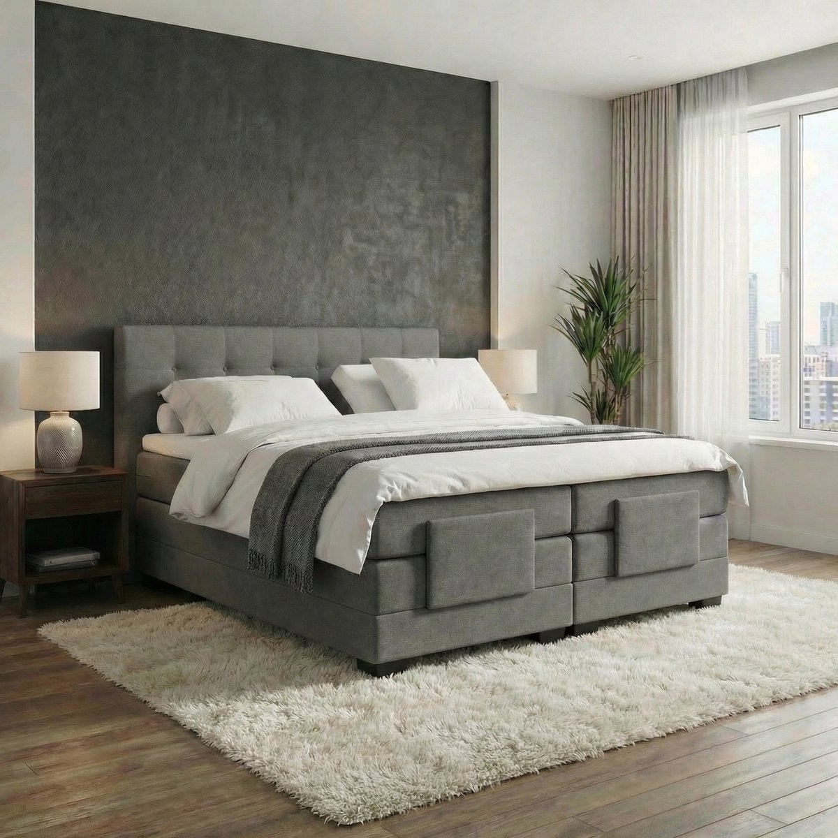 Mörgenn Elektrische Boxspring LUXA - Luxe Splittopper - Pocketvering - Antraciet Lederlook - 90x210 cm - Inclusief Montage + Dekbed en Kussens