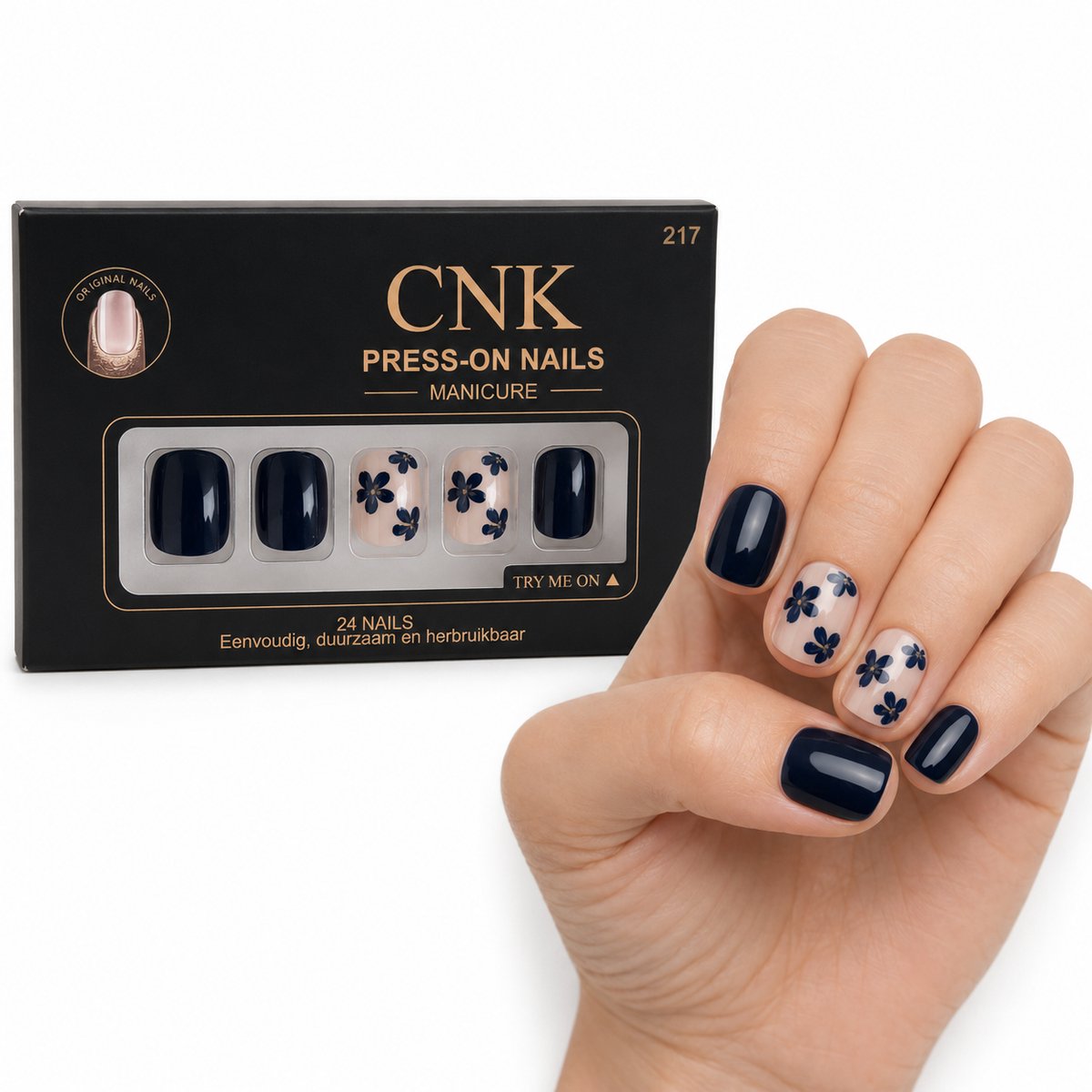 CNK 217 Press On Nails - Plaknagels - 24 Kunstnagels met Nagellijm, 24 Zelfklevende Plakstickers, Cleaner Wipe, Nagelvijl, Woodstick & Size Matcher - Nepnagels voor 7-14 Dagen - Herbruikbare Press-On Nagels - Starterspakket voor Manicure & Nail Art