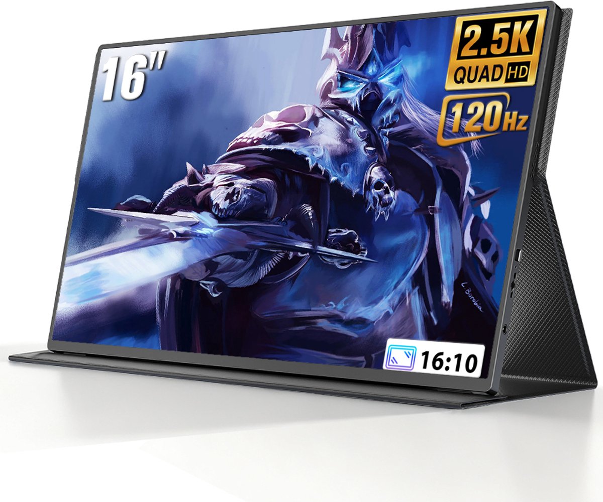 UPERFECT 16" 120Hz draagbare gamingmonitor IPS , 2560x1600P, 1200:1, 450 cd/m², met lederen hoes voor laptop/pc/spelconsole, VESA-compatibel