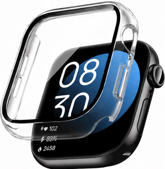 Transparante hardcase hoes voor een Apple Watch 42mm, met de tijd '08:30' op het scherm.
