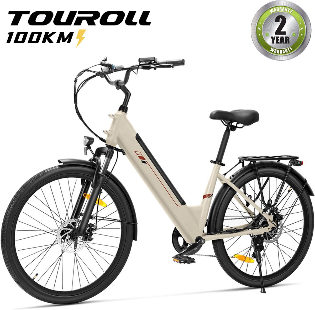 Touroll J2 ST Elektrische Fiets / E-bike - 250W Motor - 45 Nm - 100 km Actieradius - Shimano 7 Versnellingen - Lage Instap - Bagagedrager - Zand