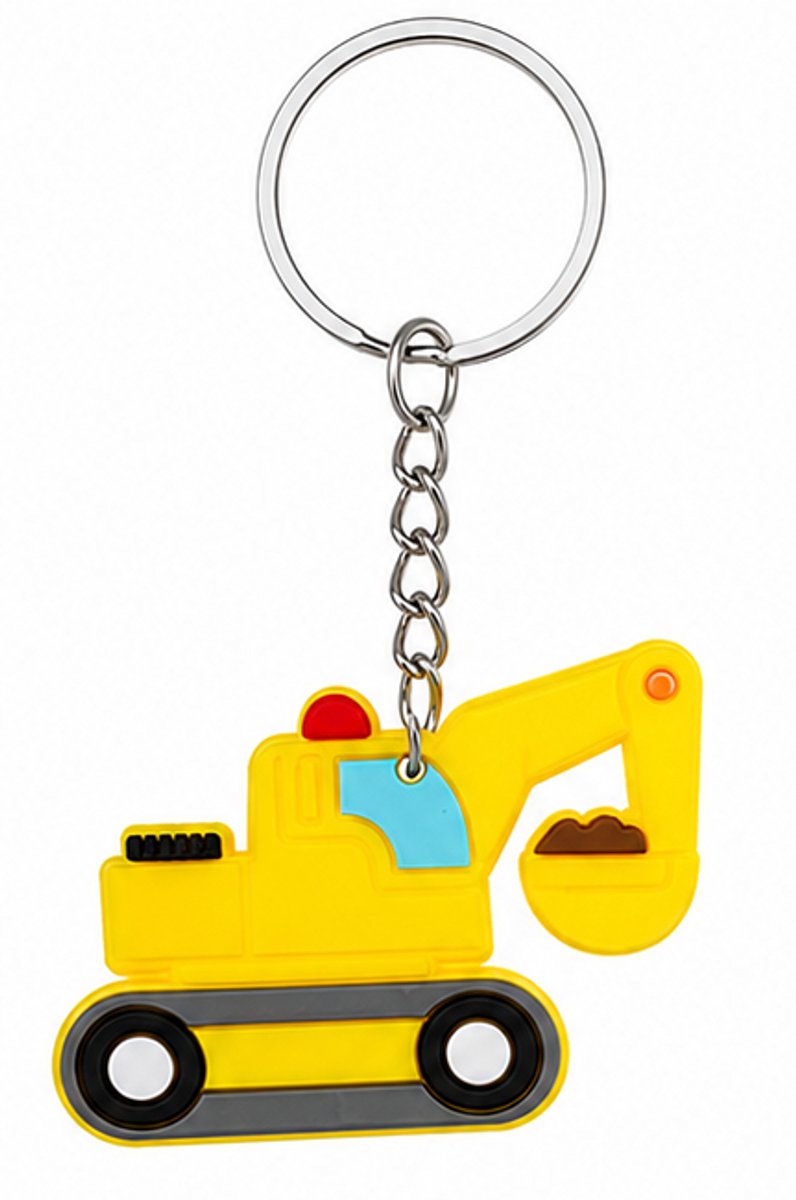 Graafmachine Sleutelhanger Geel - Stoere Rubberen Graafmachine - Bouwvoertuig Sleutelbos Decoratie - Ideaal als Uitdeelcadeautje of Kindertraktatie Bouw Thema