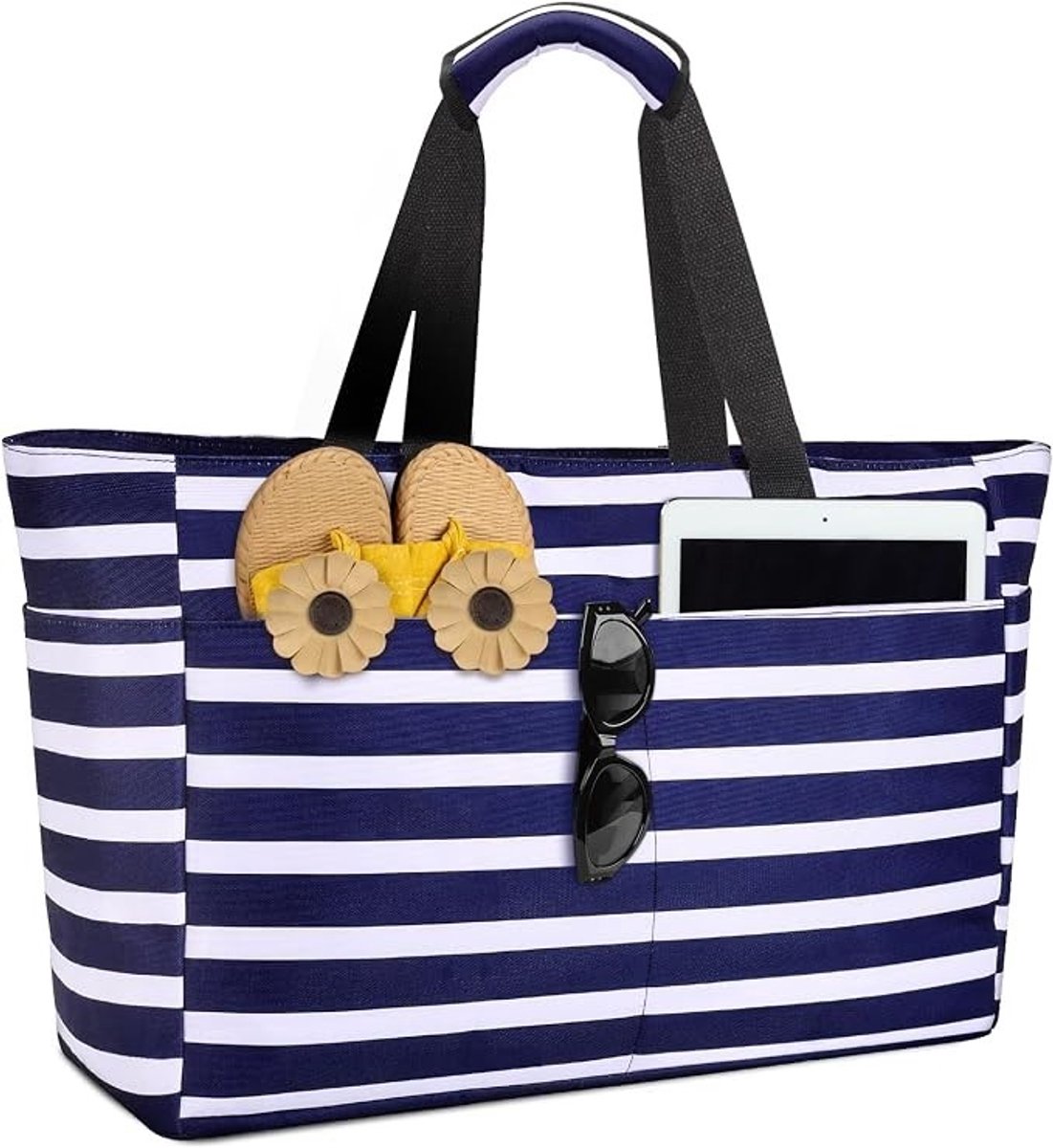 PolkaHome Strandtas Waterdicht Groot - Opvouwbaar met Rits - Navy Wit Gestreept