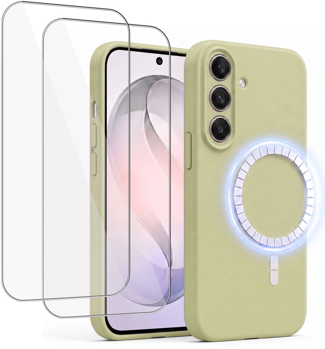 Hoesje + 2x Screenprotector geschikt voor Samsung Galaxy S26 Plus - Hoesje geschikt voor Magsafe - Draadloos opladen - Gehard Glas - Salie Groen