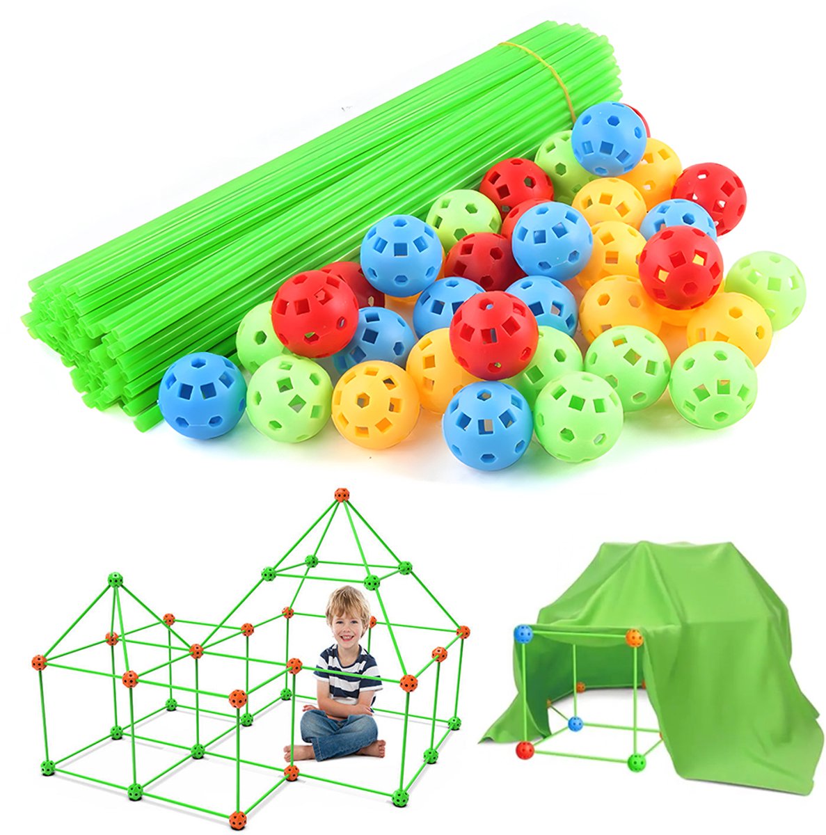 Bouwset Kinderen 175-Delig - Constructiespeelgoed met Staven en Verbindingsballen - Bouw Fort, Huis en Tent - Met Tentdoek 150 × 120 cm