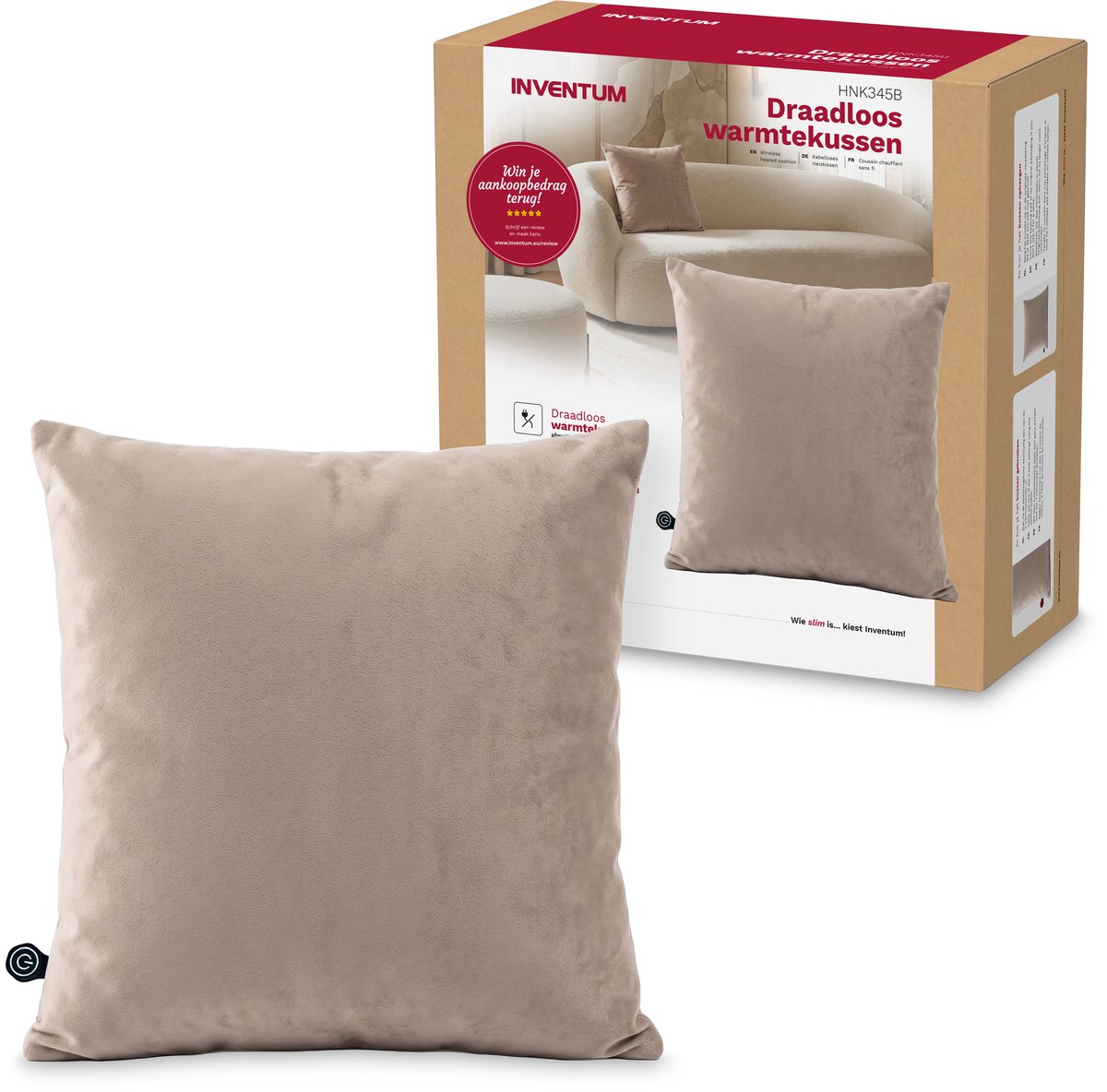 Inventum HNK345B draadloos warmtekussen - 42x42 cm - 3 warmtestanden - Oplaadbare accu - Taupe/bruin