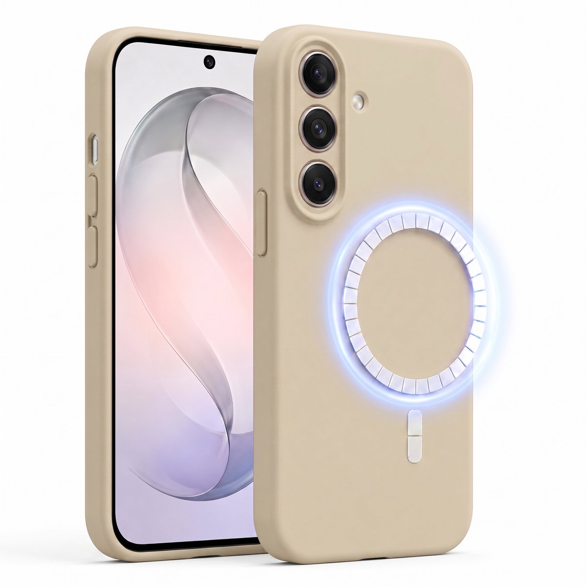 Hoesje geschikt voor Samsung Galaxy S26 Plus - Hoesje geschikt voor Magsafe - Draadloos opladen - Gehard Glas - Creme