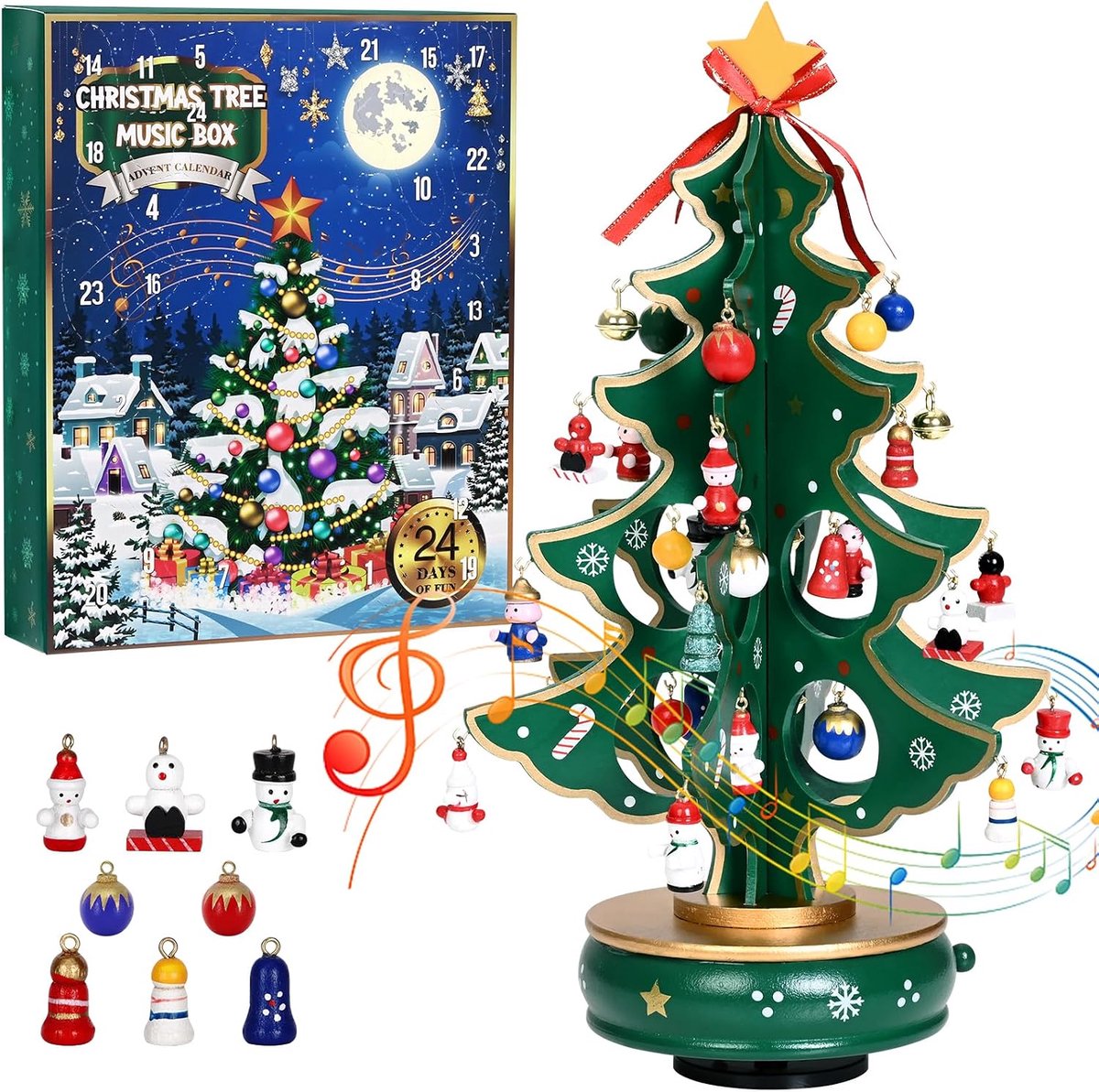 24-daagse Kerst Aftelkalender 2026 - Houten Kerstboom met Muziekdoosje - 36 Sneeuwpop Ornamenten - Dagelijks Verrassing voor Jong & Oud - Tafeldecoratie & Kerstcadeau - Feestelijke Sfeer - Spannend Aftellen - Uniek Cadeau - Groen