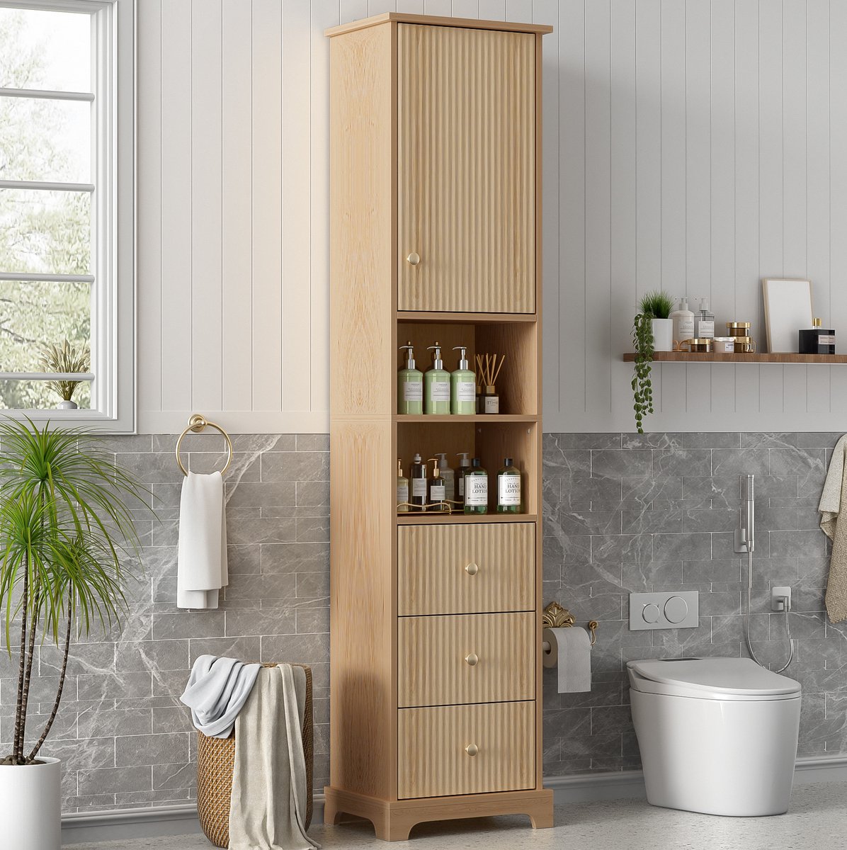 MODFU Badkamerkast-Hoog-MDF-Natuurhoutkleur-3-Lades-Open Vakken