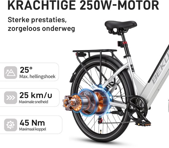 Elektrische fiets 26 inch - Elektrische Stadsfiets - 36V 14,5Ah accu - 250W achterwielmotor - Actieradius tot 75 km - Shimano 7 versnellingen - Verende voorvork - Geveerde zadelpen - Zilverwit — afbeelding 5