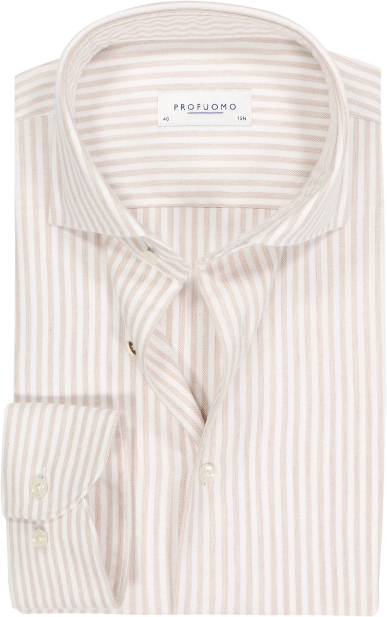 Profuomo slim fit heren overhemd - flanel - beige gestreept - Strijkvrij - Boordmaat: 43 (EU maat: XL)