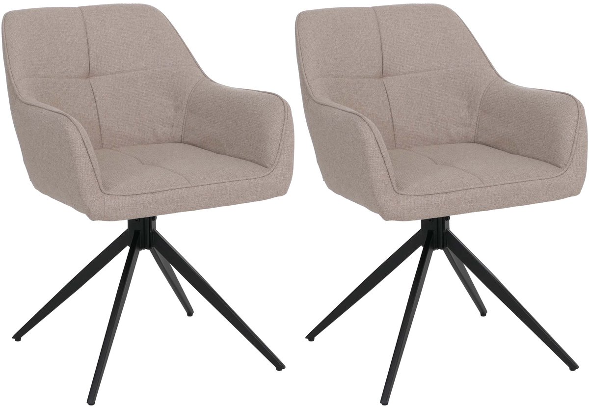 Set van 2 eetkamerstoelen MCW-O47, keukenstoel met armleuningen, draaibaar met Auto-Return, stof/textiel (270 g/m²) ~ beige
