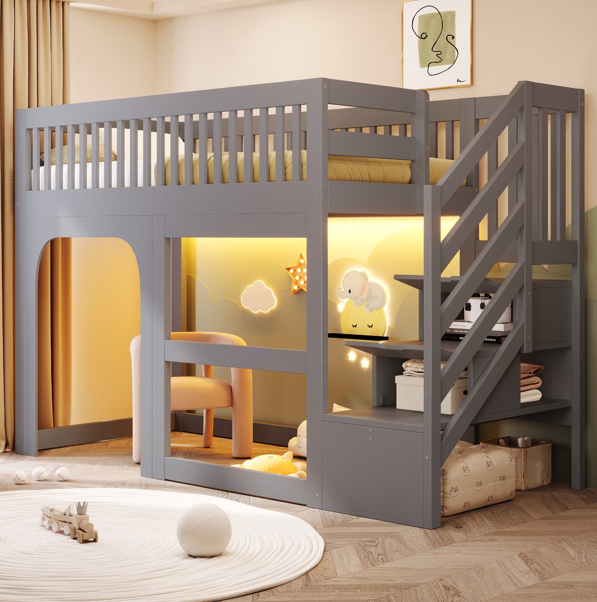 DESMIU Kinder Halfhoogslaper 90x200cm Met LED Verlichting En Opbergladder Met Open Ruimte Onder Bed Met Veiligheidshekje Hout Grijs Zonder Matras