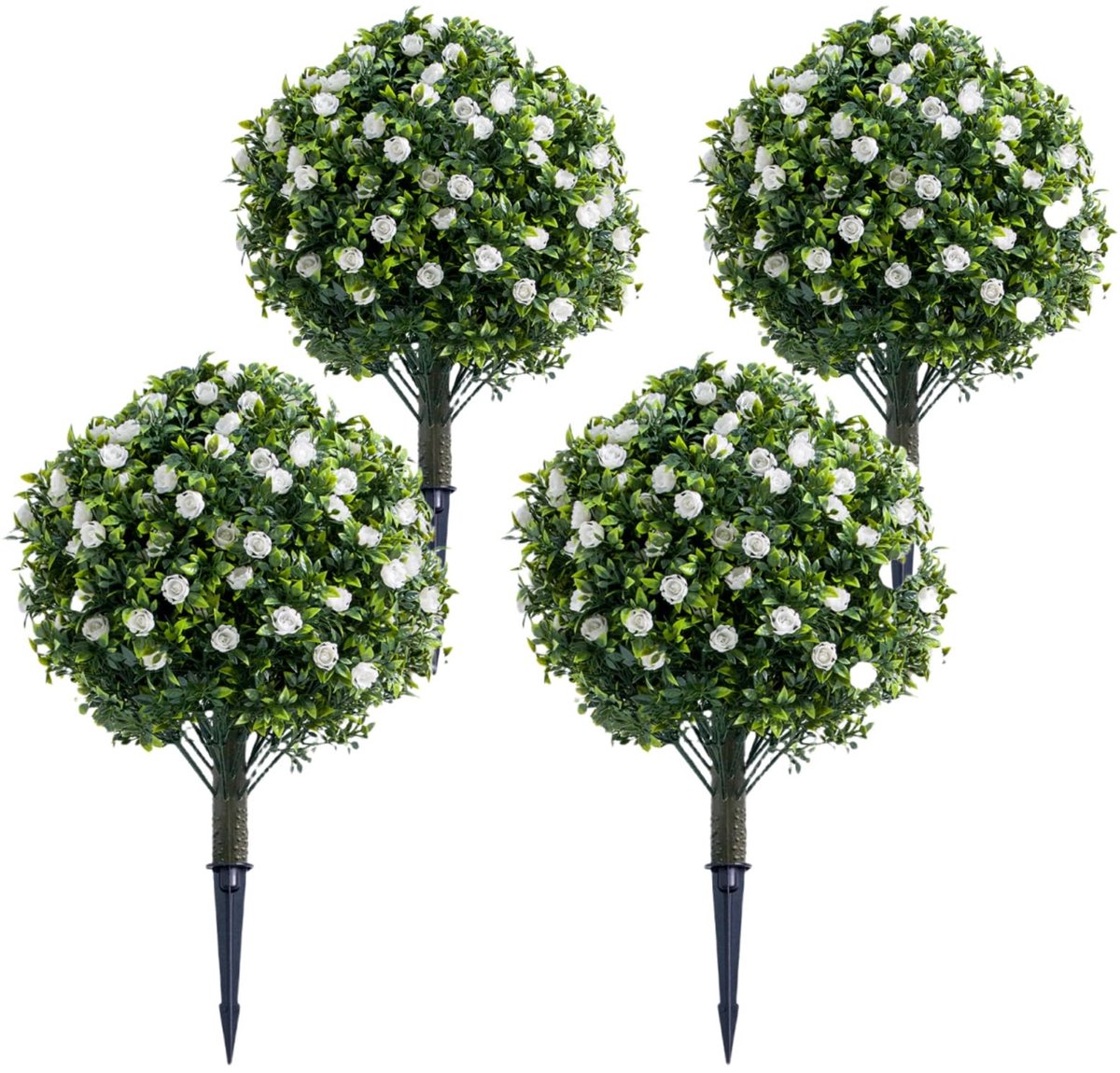 Triumpunpre Set van 4 Kunstmatige Bomen met Grondpen – Bolvormige Topiary Boom met Witte Bloemen – Kunstplant voor Buiten 60 cm – PE – Onderhoudsvrij – Tuin, Terras & Entree
