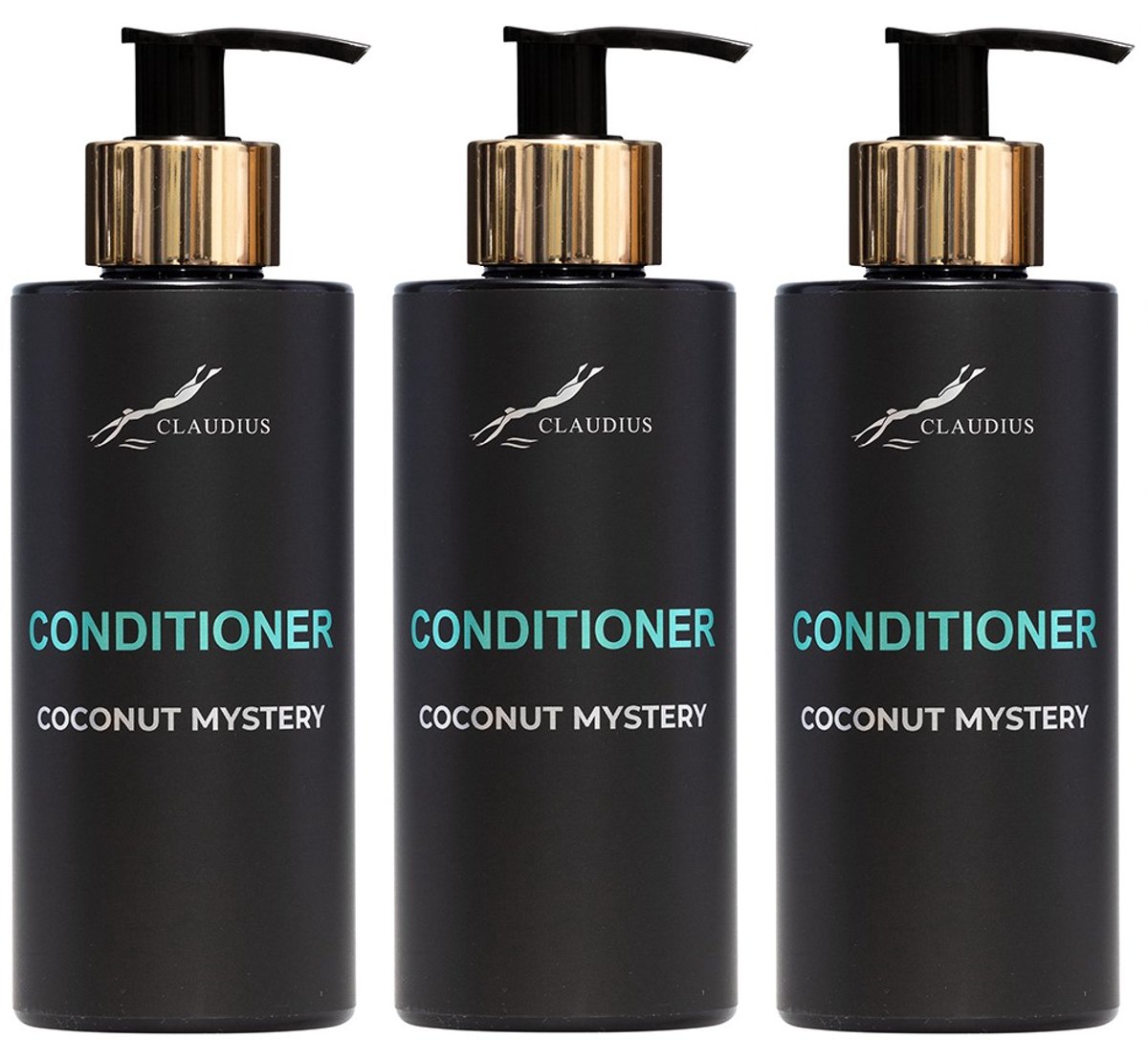 Hairconditioner Coconut Mystery 300 ml - met gouden pomp - zwarte fles - set van 3 stuks - Voordeelverpakking