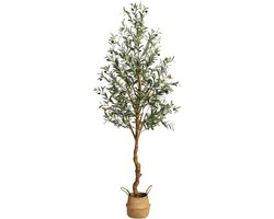 Kunstmatige Olijfboom 180 cm Hoog, Nep Zijden Olijfbomen voor Decoratie in Huis, Kantoor en Woonkamer, Binnen Nep Potboom met Natuurlijke Houten Stam en Levensechte Vruchten
