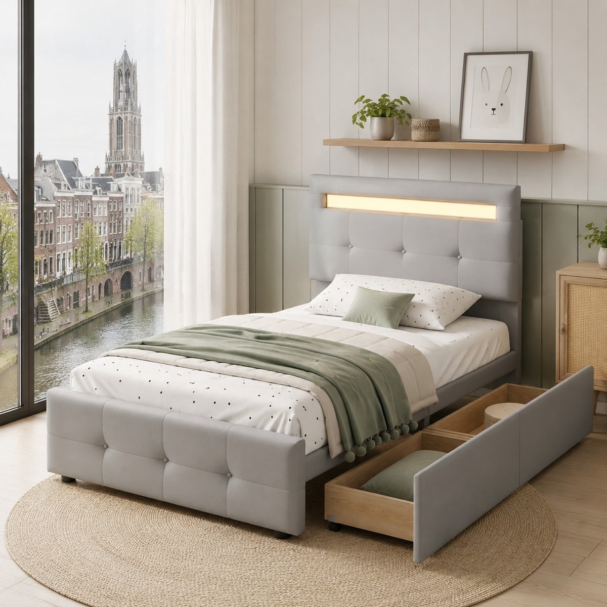 WUVRIE Gestoffeerd bed 90x200 cm met LED-verlichting, 2 lades en verstelbaar hoofdeinde, grijs