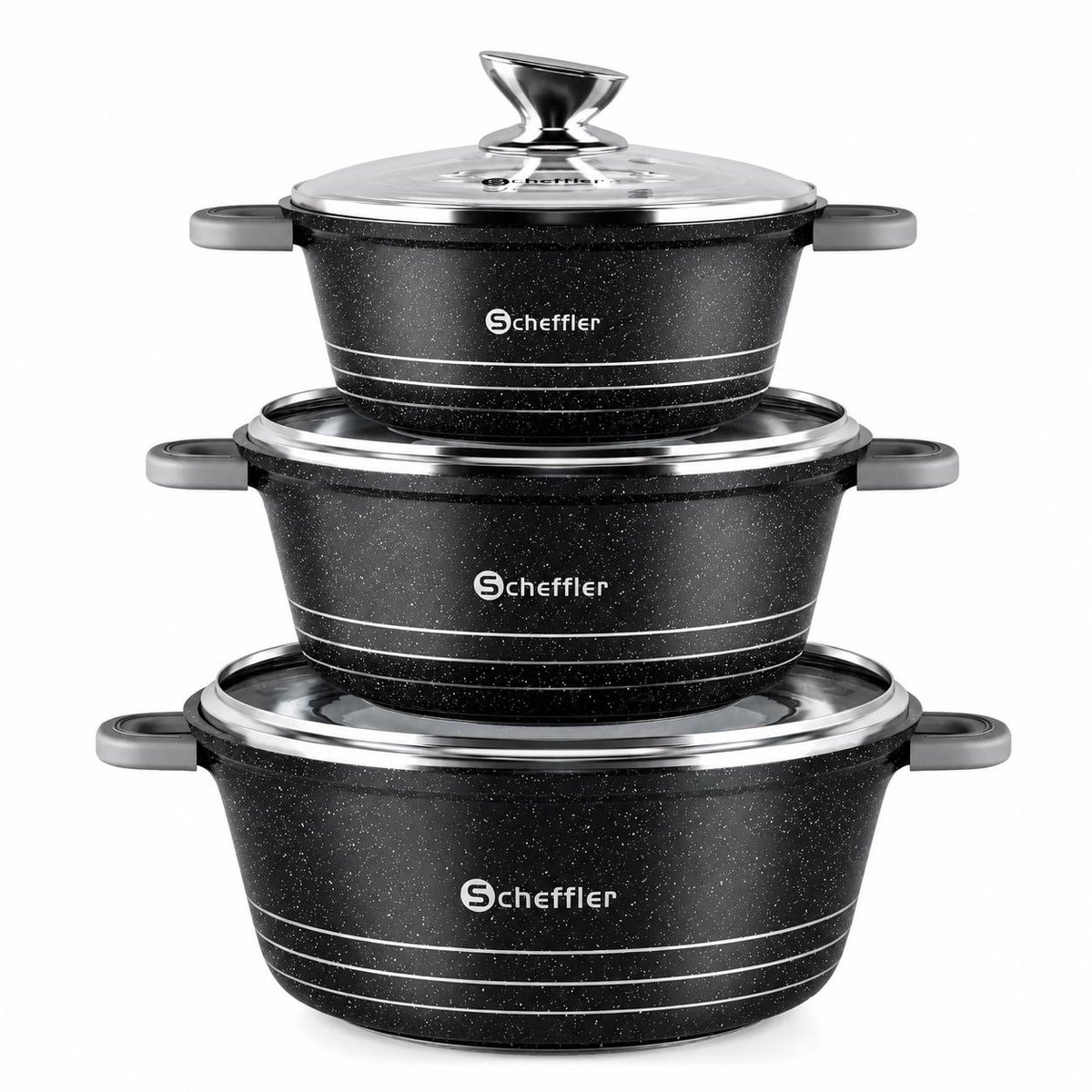 Scheffler 3-delige Pannenset 32/36/40 cm – Marmeren Antiaanbak Pannen met Glazen Deksels – Inductie & Alle Kookplaten – Gezond Koken Zonder PFOA – Grote Soeppannen & Braadpannen – Aluminium Kookset Merk:Scheffler •