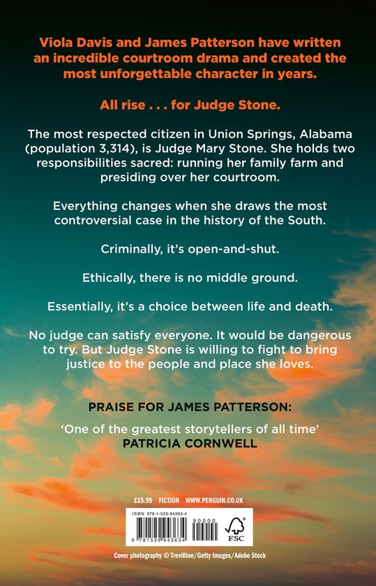 Boekomslag met tekst over 'Judge Stone' geschreven door Viola Davis en James Patterson. De achtergrond toont een vervaagde lucht met wolken boven een landschap.