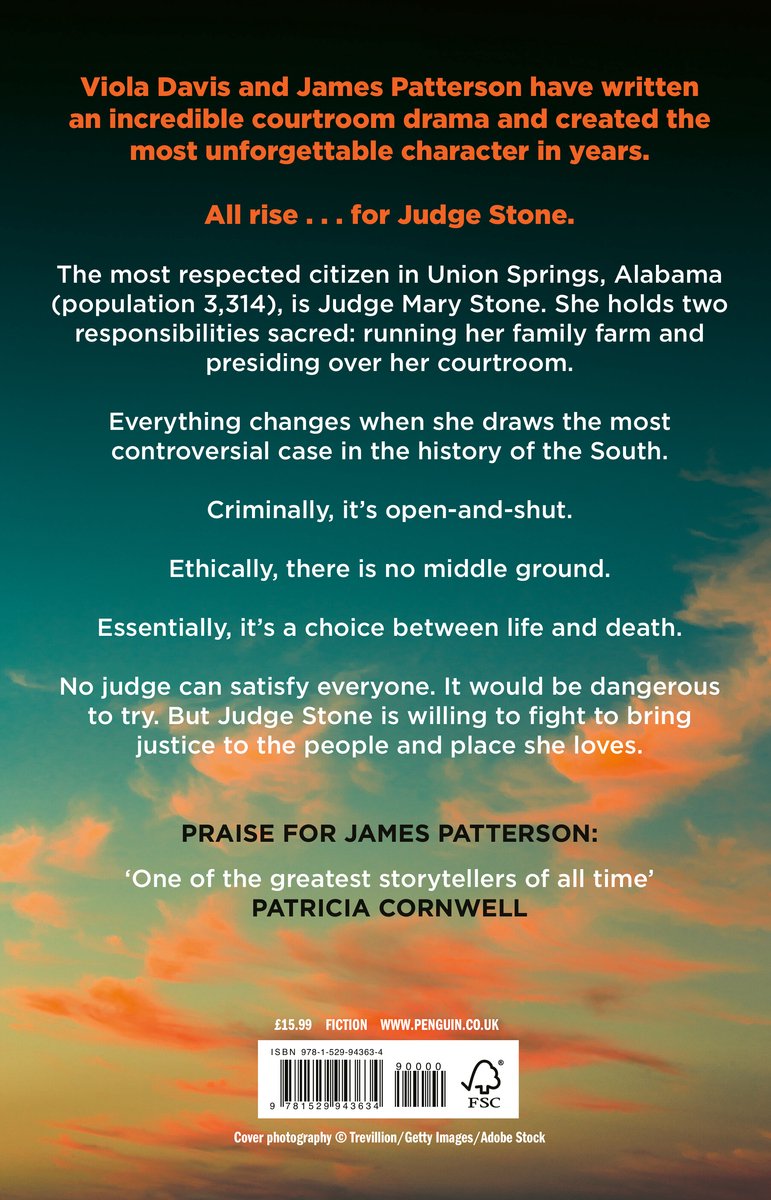 Boekomslag met tekst over 'Judge Stone' geschreven door Viola Davis en James Patterson. De achtergrond toont een vervaagde lucht met wolken boven een landschap.