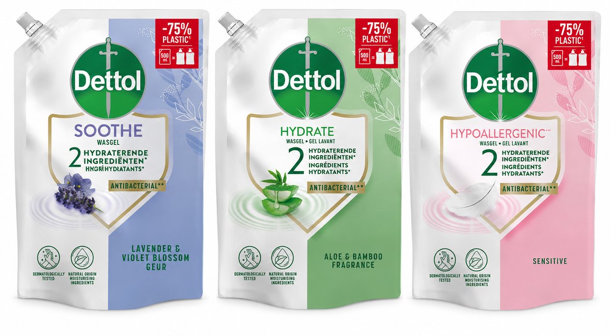 Bol.com Dettol - 3x Dettol Refill Hydrating Aloe Vera 500ML - 1 x Dettol Refill Sensitive 500ML - 1x Dettol Refill Relaxing Lave... aanbieding
