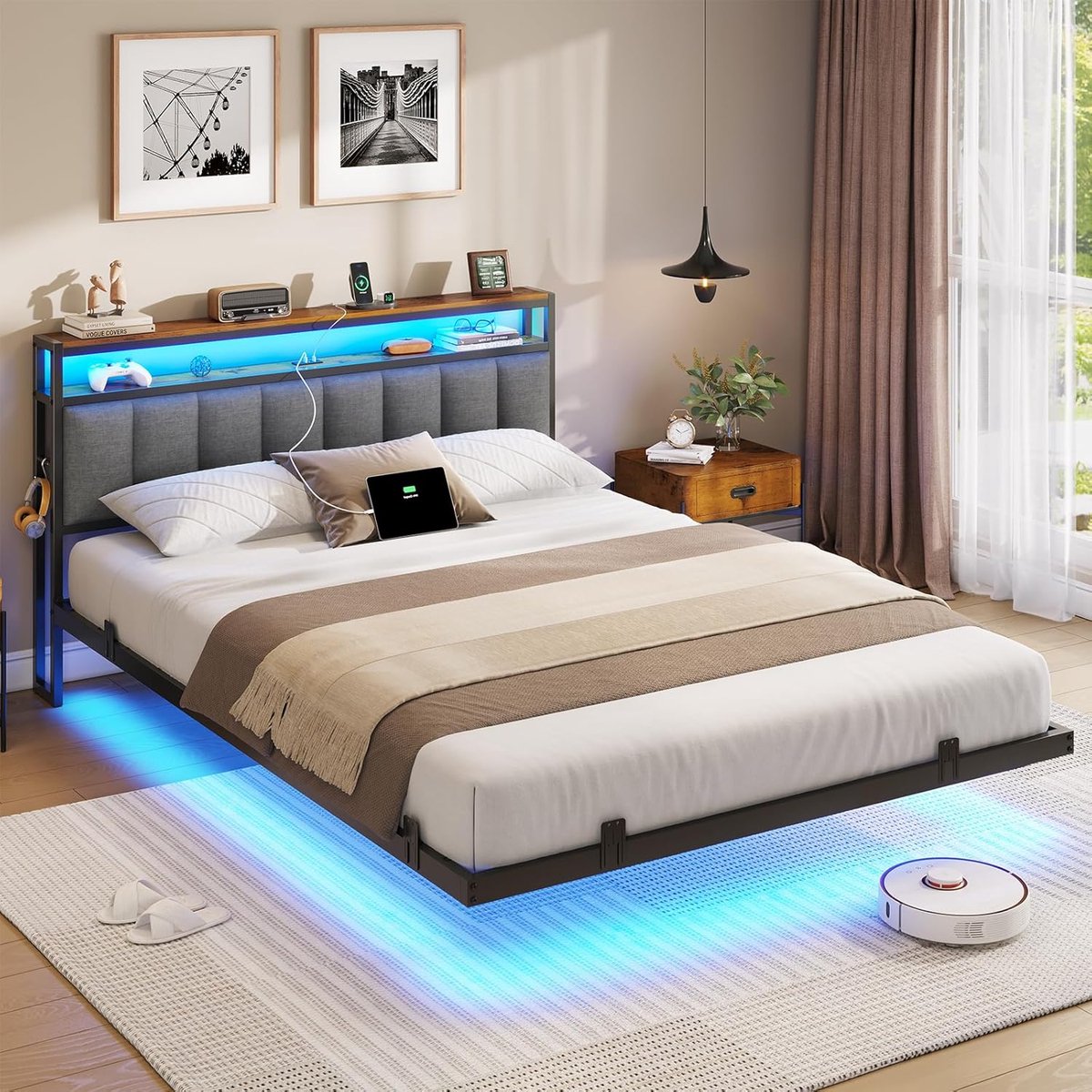 Bedframe 160x200 cm - Industrohome Moderne Ledikant met Oplaadstation, LED Verlichting en Opbergruimte, Zwevend Effect, Donkergrijs
