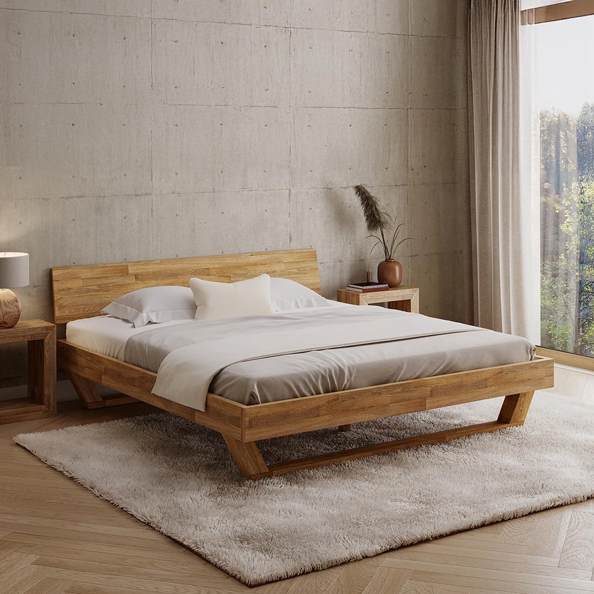 Ledikant 180x200 cm - Modern design met massief eiken houten frame en hoofdeinde - Industrohome