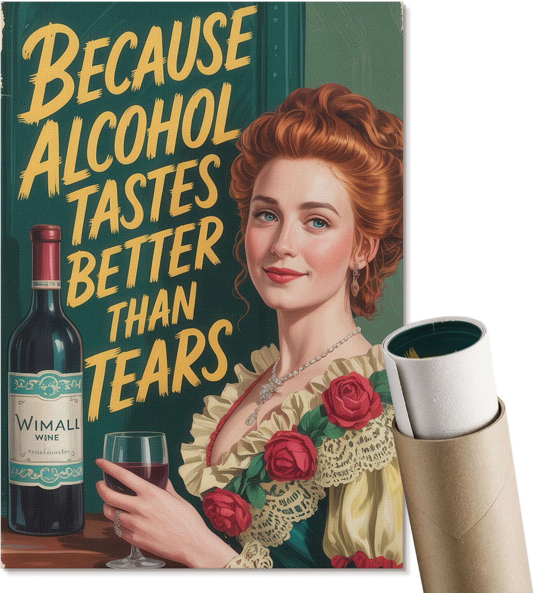 Coloray Canvas Poster Polycanvas - Vintage Wijn, Illustratie - A4 - Groen Poster - Rechthoek - Wandkunst - Woonkamer, Slaapkamer, Kantoor - Humoristisch