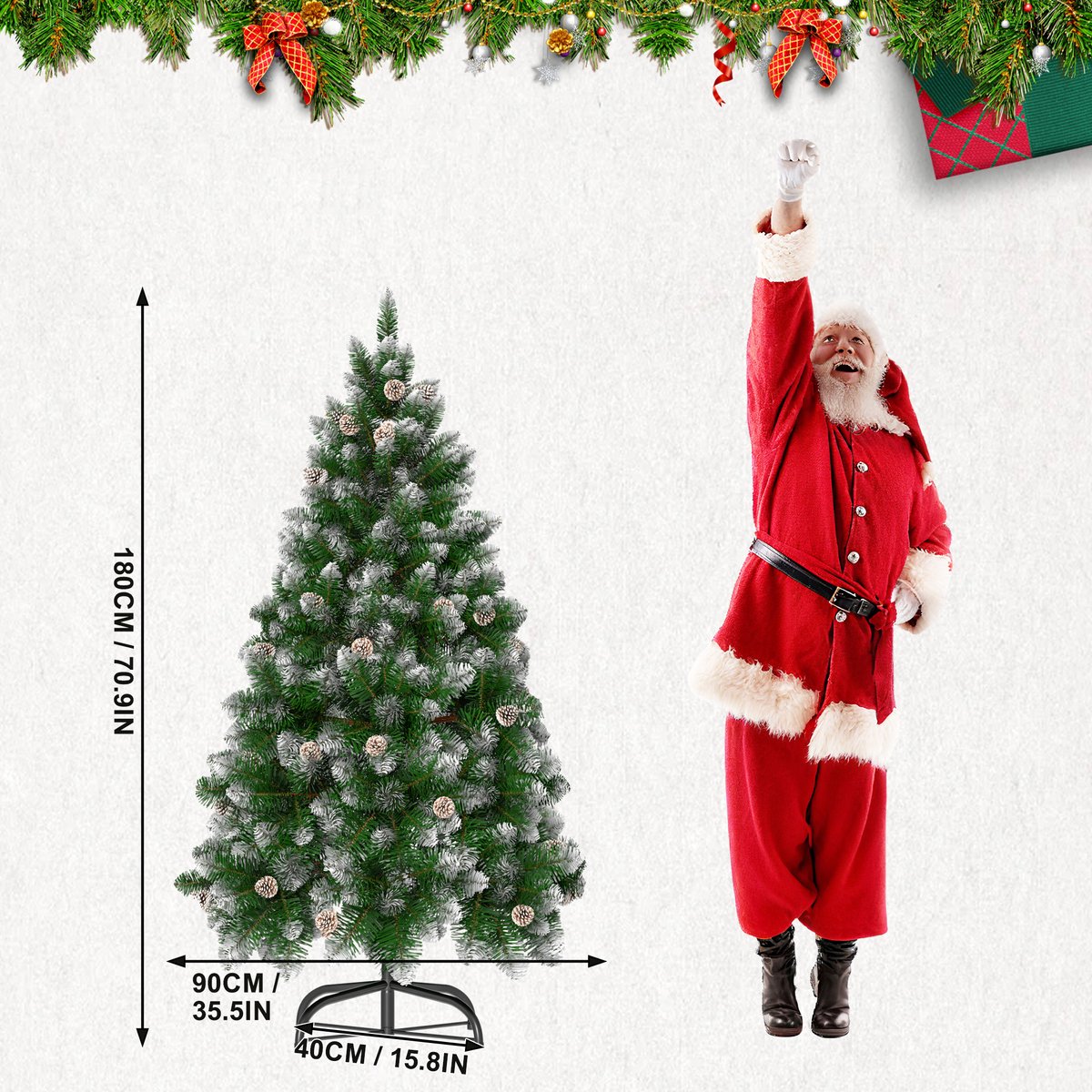 Kerstboom – 180cm Kunstkerstboom – Met Sneeuweffect & Dennenappels – Groene PVC Takken – foto 4