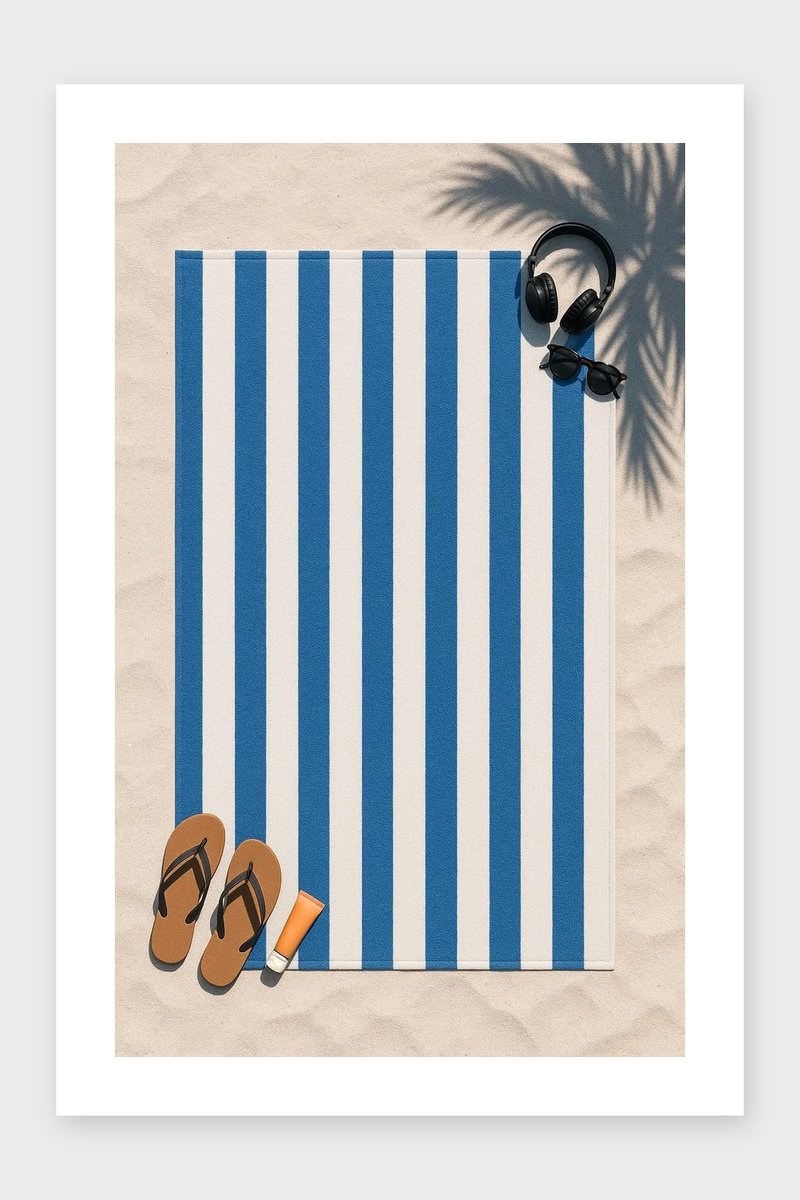 Strandlaken Poster - Vakantie Posters - Minimalistisch - Zomer - Passe-Partouts Effect - Wanddecoratie Woonkamer - 180 gram papier - BL6734WV - Formaat 70 x 100cm