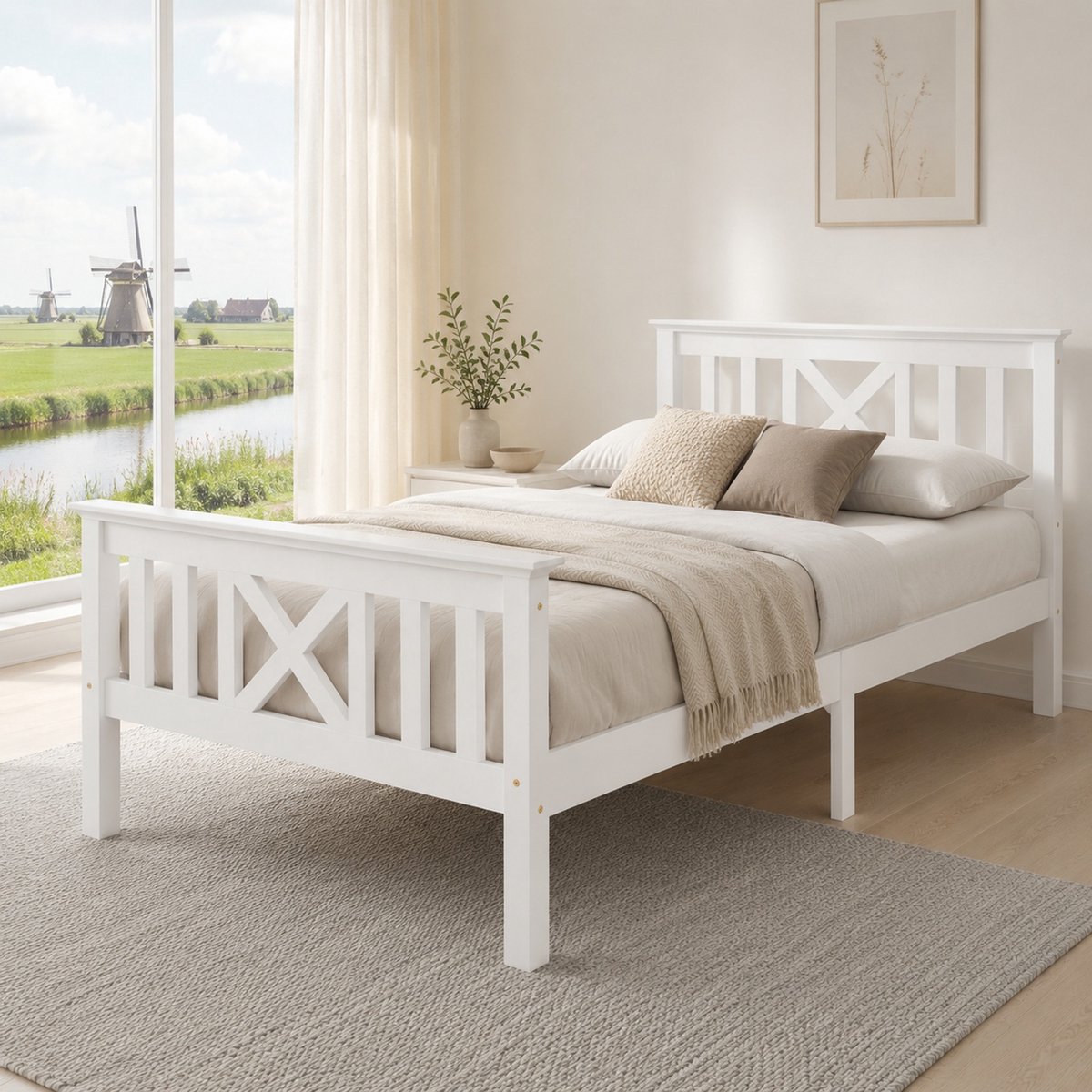 WUVRIE Eenpersoonsbed 90x200 cm met X-hoofdbord, lattenrost en opbergruimte eronder, wit
