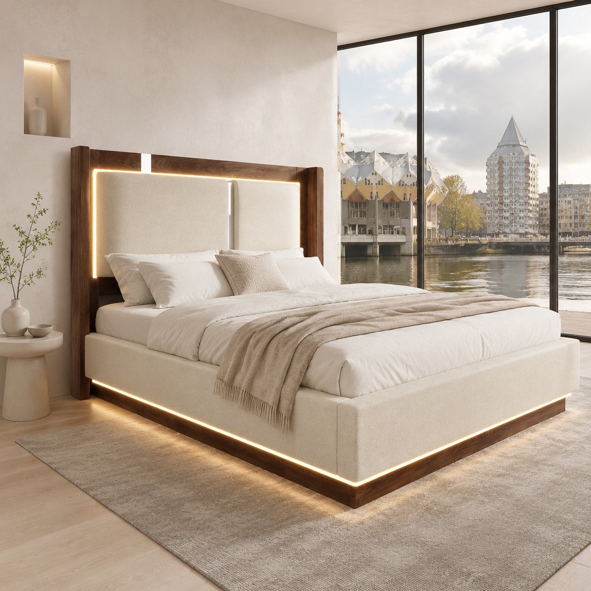 WUVRIE Bed 90x200 cm met lattenbodem, LED en hydraulische opbergruimte, beige/walnoot