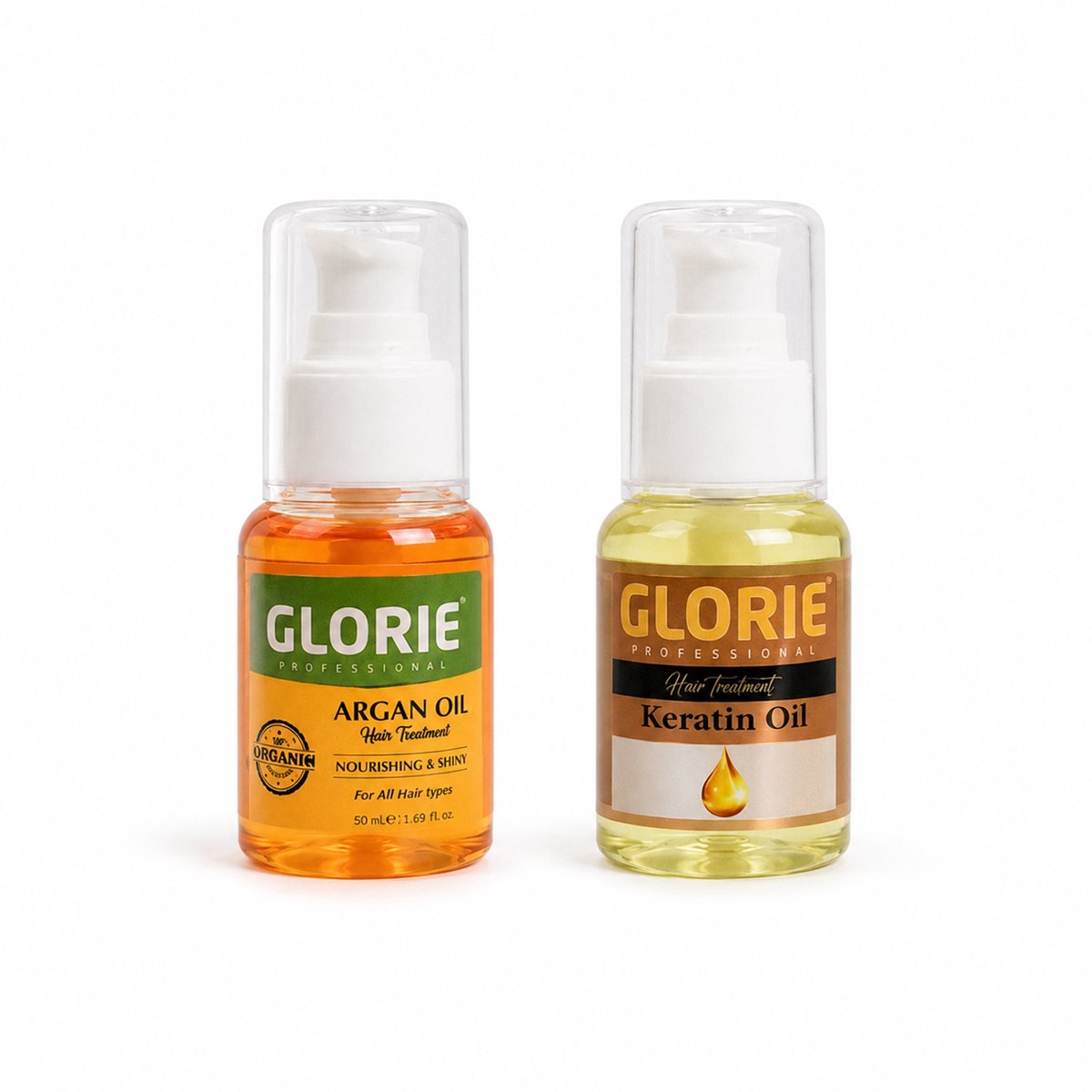 Glorie Argan Oil 50 ml + Keratin Oil 50 ml – 2-Delige Haarolie Set – Hair Treatment – Voor Verzorgd & Glanzend Haar