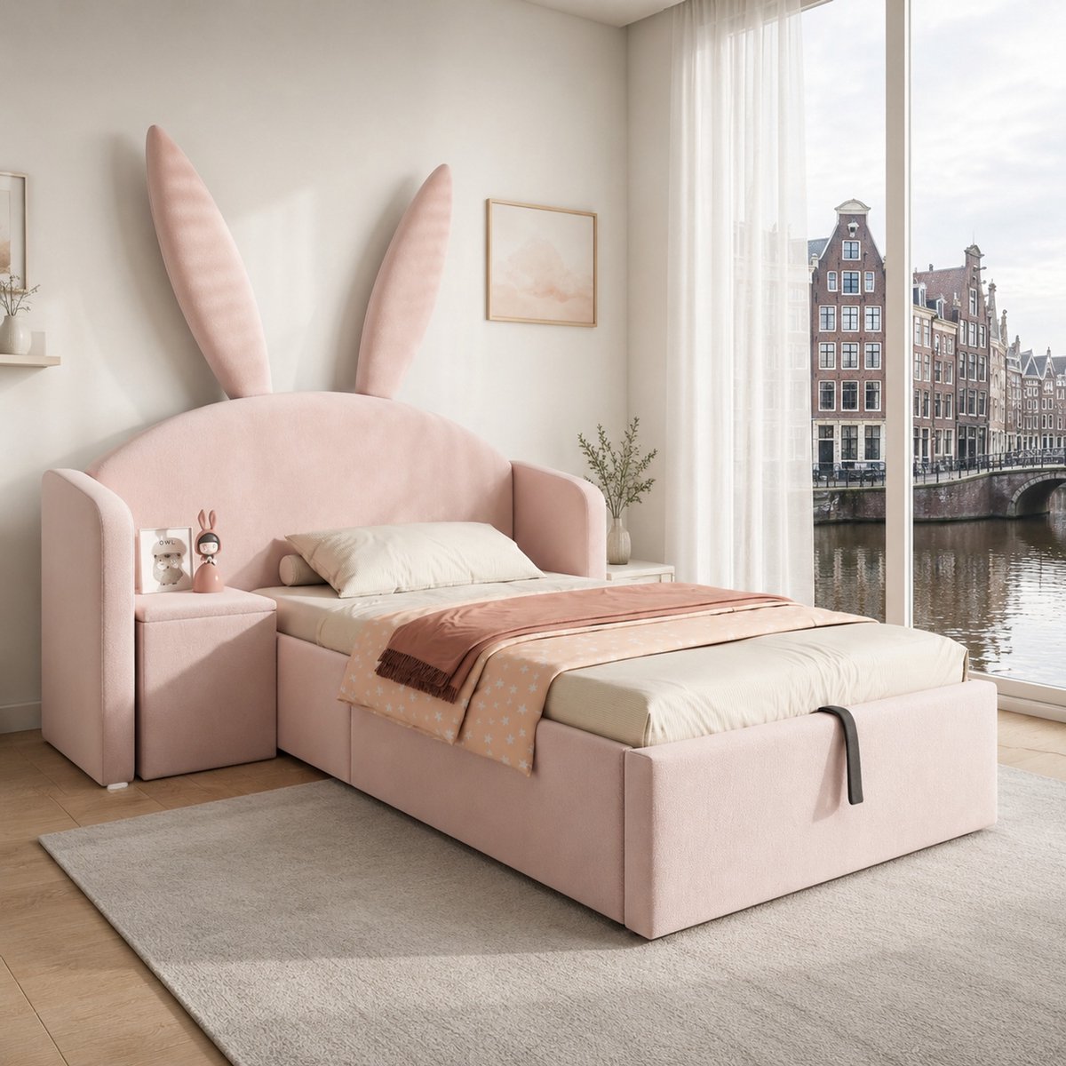 WUVRIE Kinderbed 90x200 cm in roze fluweel met hazenoren, opbergruimte en lattenbodem