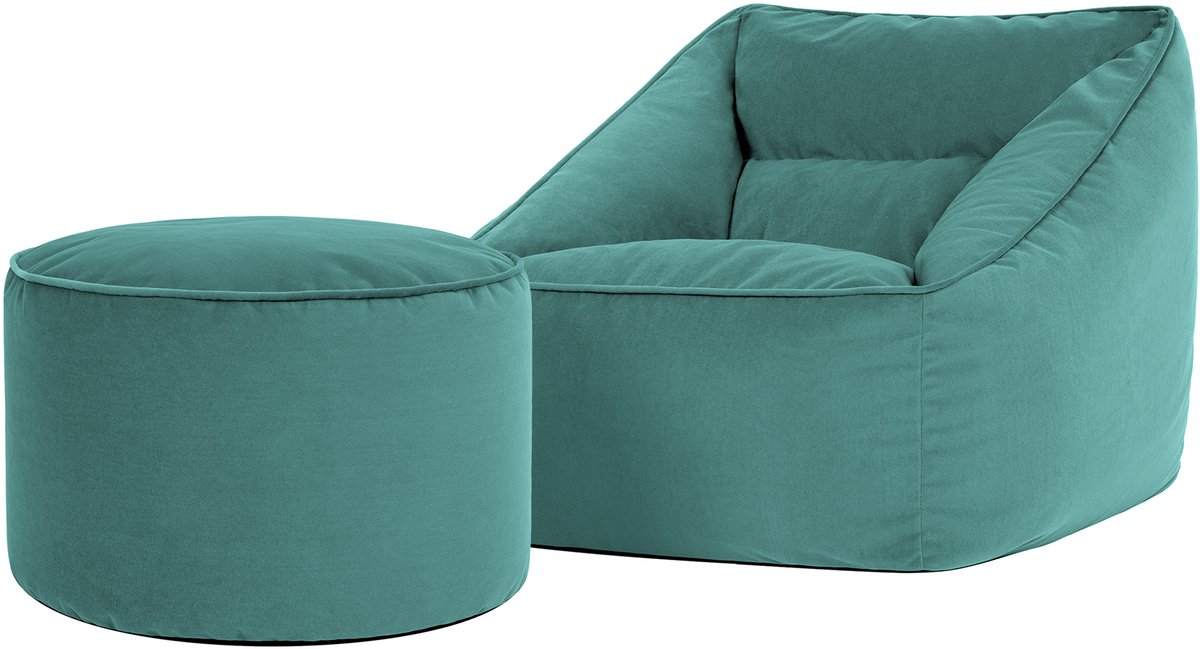 icon - Natalia XL Zitzak Fauteuil met Ronde Poef - Fluweel - Blauwgroen