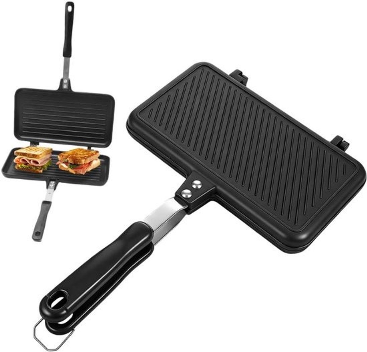 Dubbelzijdige Braadpan - Sandwichmaker Pan - Ontbijt Maken - Hittebestendige Handgreep - 24 x 13.5 cm - Grijs