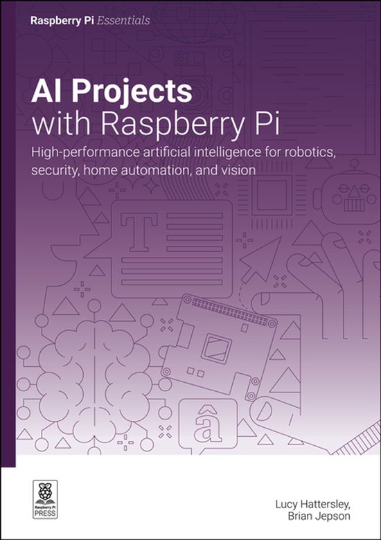 Couverture du livre 'AI Projects with Raspberry Pi' sur fond violet avec des illustrations techniques d'un cerveau, de puces et d'une main. Titre : AI Projects with Raspberry Pi.