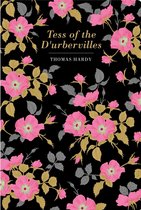 Tess of the d'Urbervilles door Thomas Hardy, met een zwarte achtergrond vol roze bloemen en gouden bladeren.