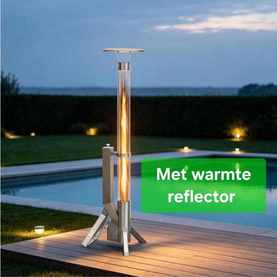 Terrasverwarmer met glazen cilinder en vlam, "Met warmte reflector".